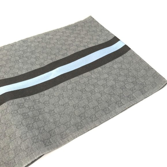 GUCCI 542984 GG Fringe Scarf, Wool/Silk, Men's, Gray, Blue, and Black